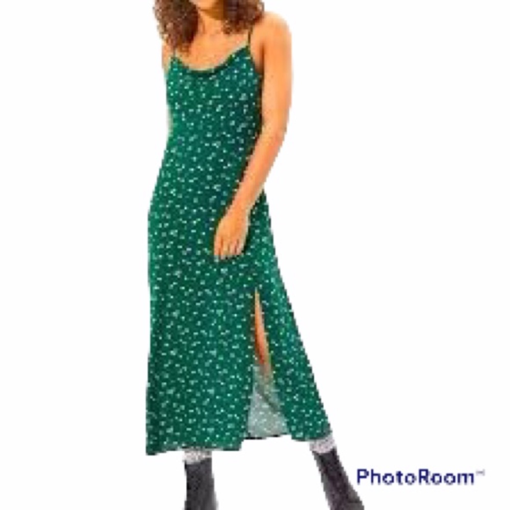 American Eagle Floral Green Maxi/Midi Tank Strap Front Open Slit Dress